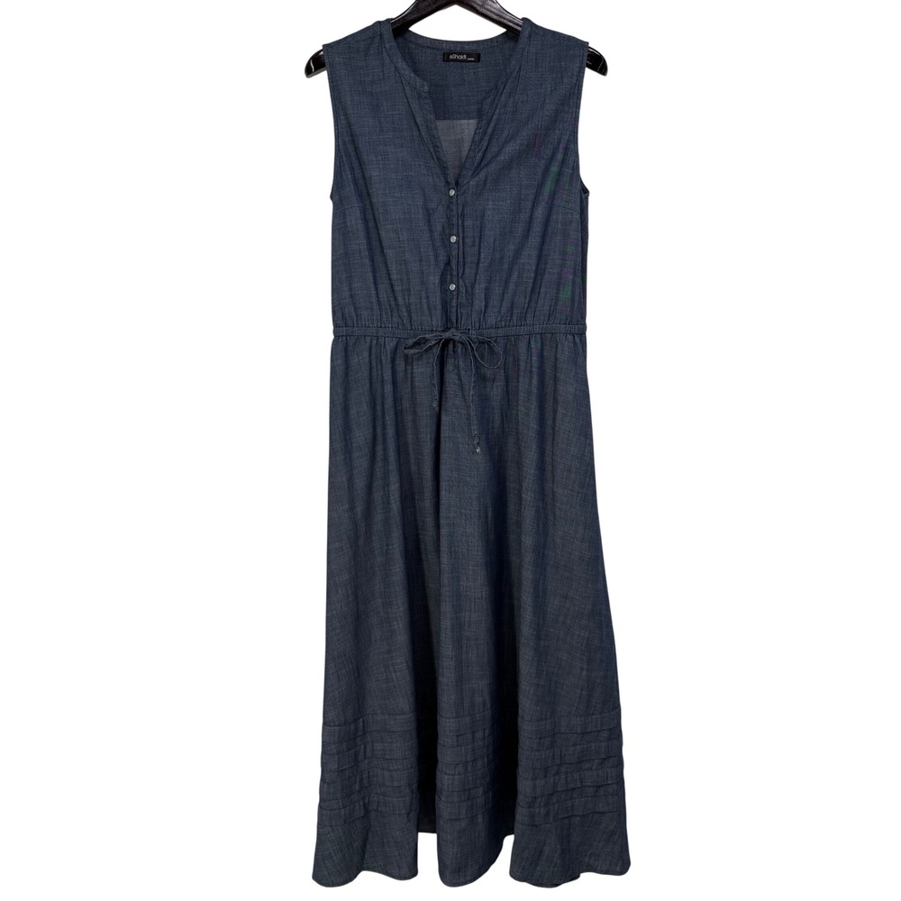 eShakti Blue Chambray Sleeveless Maxi Dress L Pockets Pintuck Hem Western Rodeo